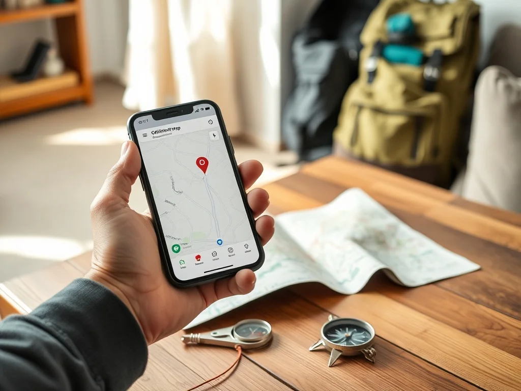 Smartfon z otwartą mapą offline obok papierowej mapy i kompasu, gotowy do nawigacji bez dostępu do internetu.
