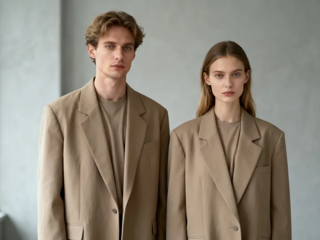 Kobieta i mężczyzna w identycznych beżowych marynarkach typu oversize, prezentujący minimalistyczny styl unisex.