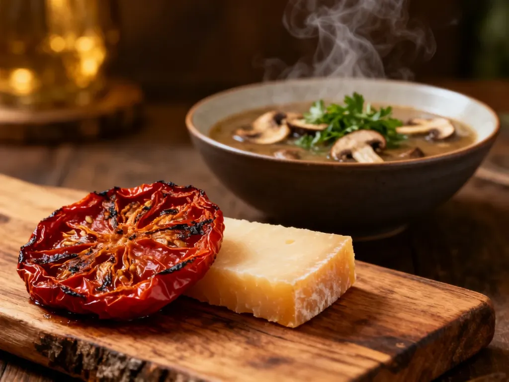 Suszone pomidory, parmezan i bulion grzybowy na drewnianej desce – produkty bogate w naturalny smak umami.