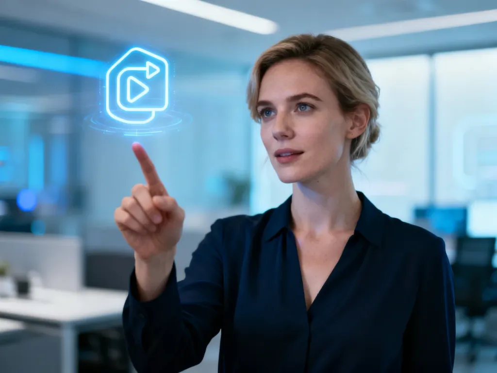 Kobieta w nowoczesnym biurze wskazuje na świecącą, holograficzną ikonę, symbolizującą innowacyjne technologie i certyfikację.