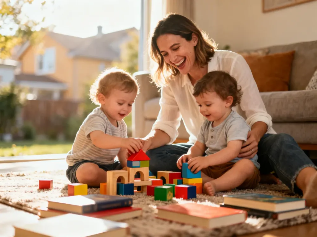 Au pair bawiąca się z dziećmi na dywanie w przytulnym salonie, tworząca ciepłą i radosną atmosferę.