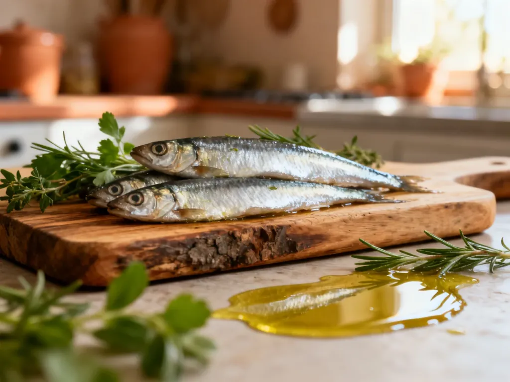 Srebrzyste filety anchois ułożone na drewnianej desce z ziołami i oliwą, podkreślające ich kulinarny charakter.