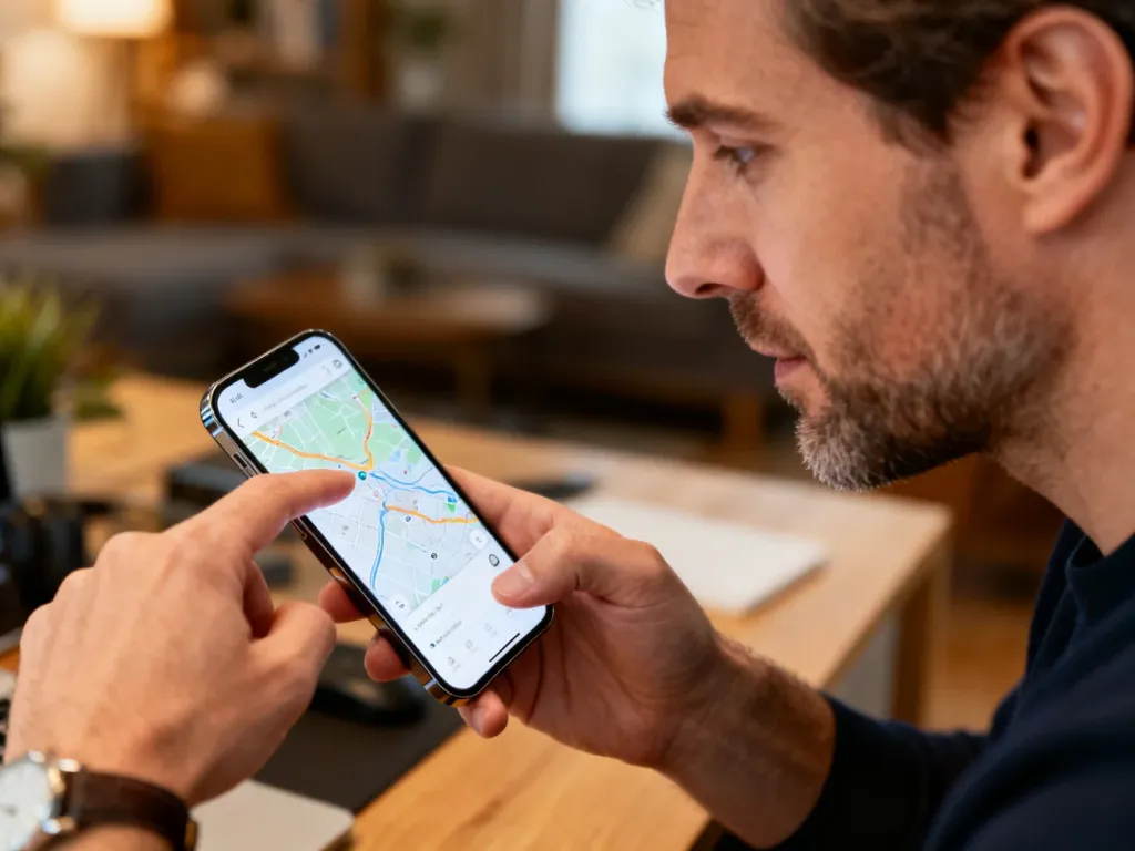 Mężczyzna sprawdza mapę na smartfonie, korzystając z nawigacji w domowym biurze.