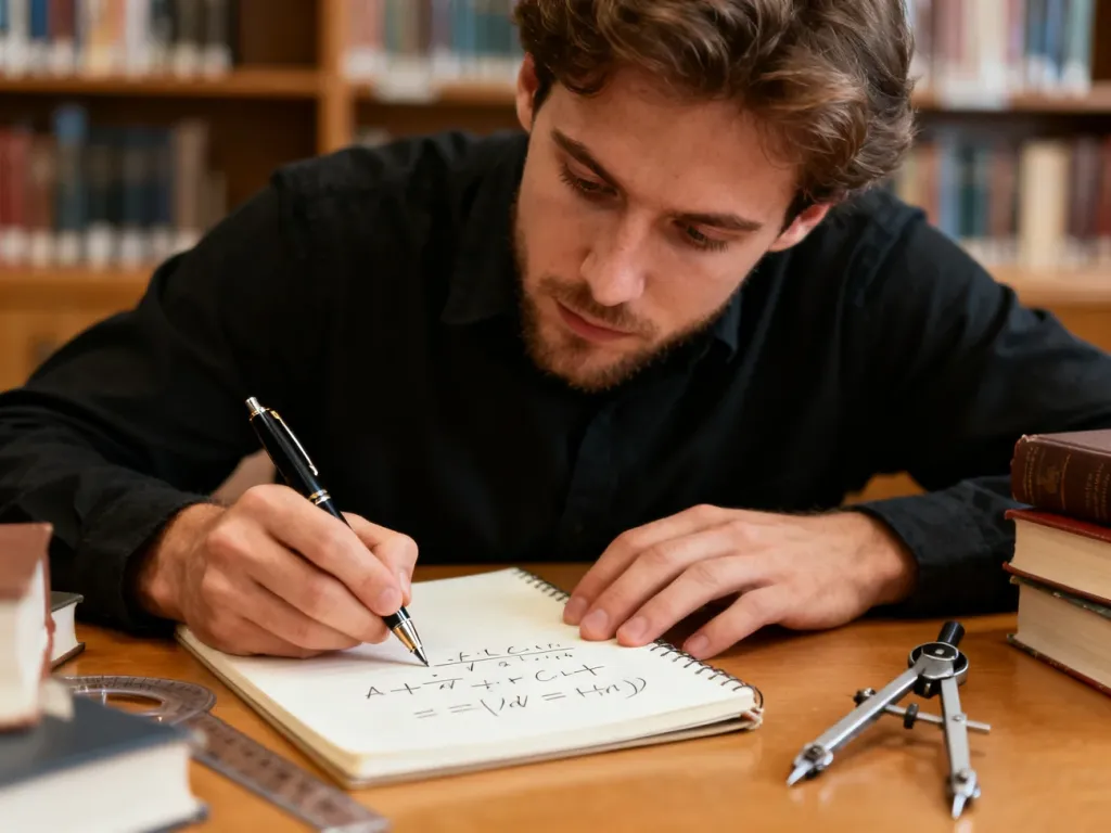 Mężczyzna zapisujący równania matematyczne w notatniku na tle biblioteki, co podkreśla akademicki charakter nauki.