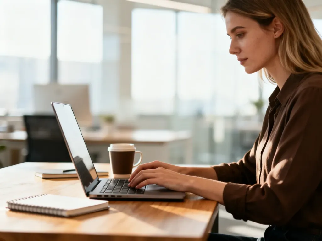 Kobieta pracująca przy laptopie na uporządkowanym biurku w nowoczesnym, jasnym biurze.