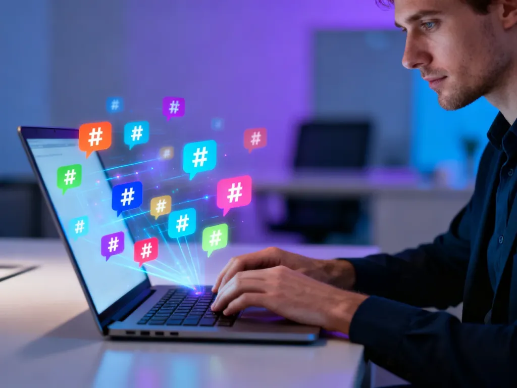 Mężczyzna pracujący przy laptopie, nad którym unoszą się cyfrowe ikony tagów i hashtagów w formie hologramów.