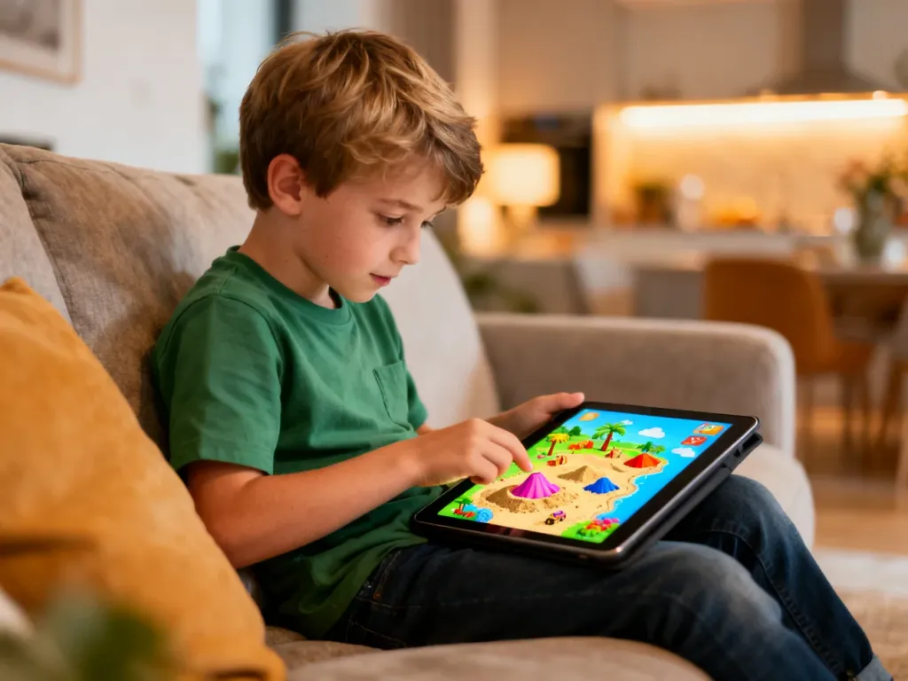 Chłopiec siedzący na kanapie, skupiony na grze w Roblox na tablecie w przytulnym salonie.